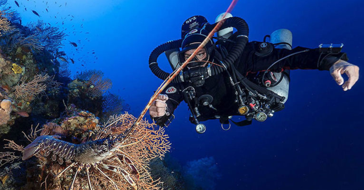 Immagine di un rebreather, un particolare respiratore utilizzato per le immersioni subacquee che permette di respirare sott’acqua riciclando il gas espirato.